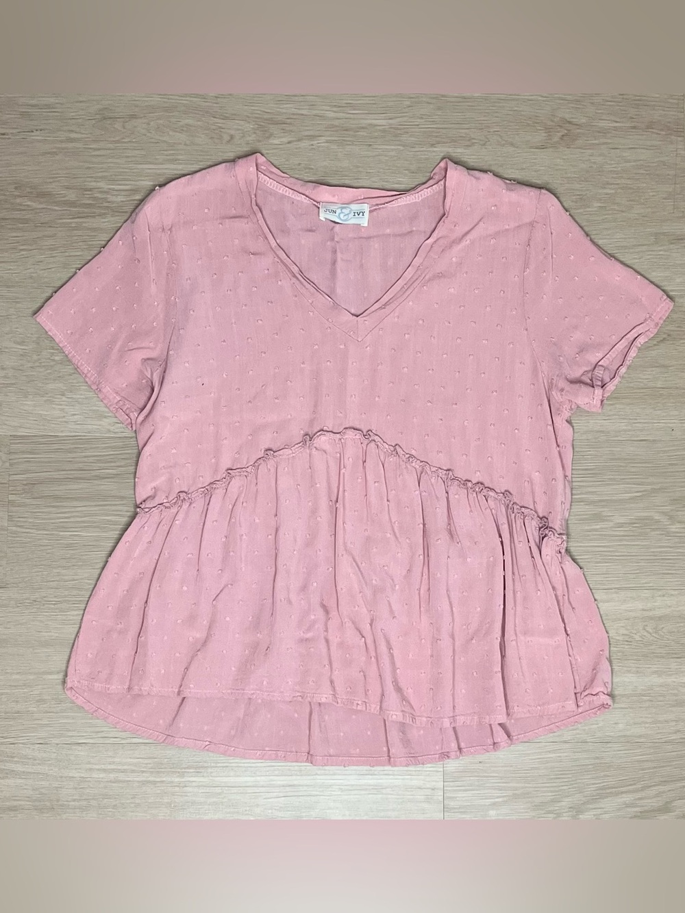 June & Ivy Women’s Pink V-Neck Peplum Short Sleeve Top